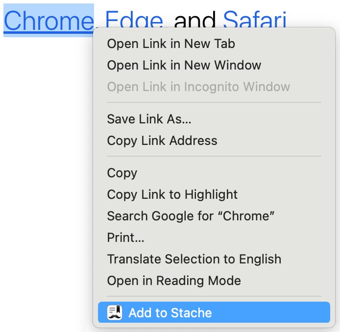 Saving a link from the Stache browser extension in Chrome by right clicking it and selectiong "Add to Stache".