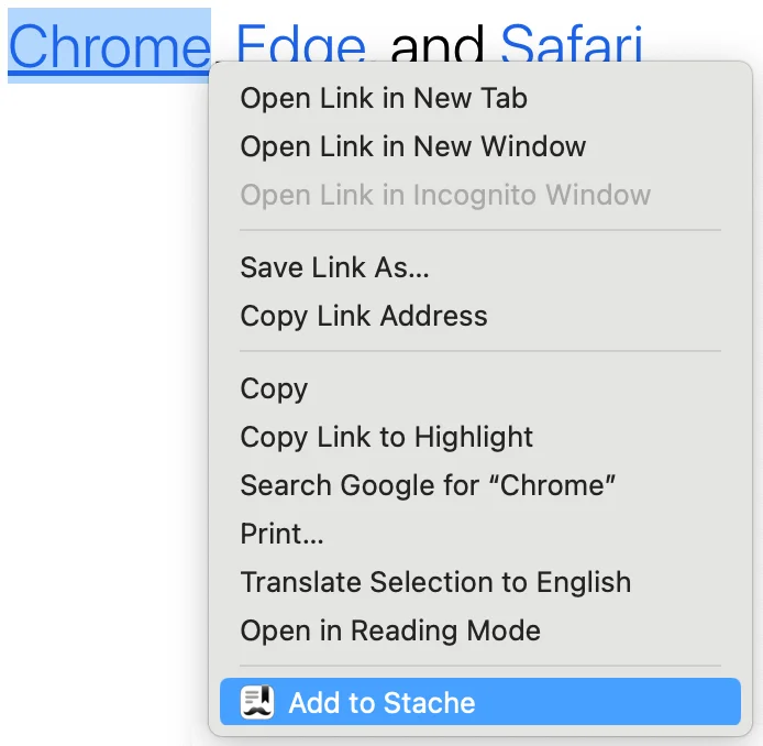 Saving a link from the Stache browser extension in Chrome by right clicking it and selectiong 'Add to Stache'.