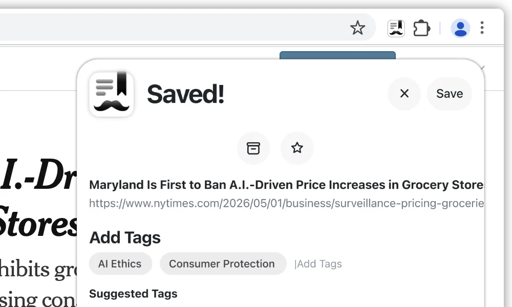 Saving a link from the Stache browser extension in Chrome by clicking the Stache icon in the browser's toolbar.