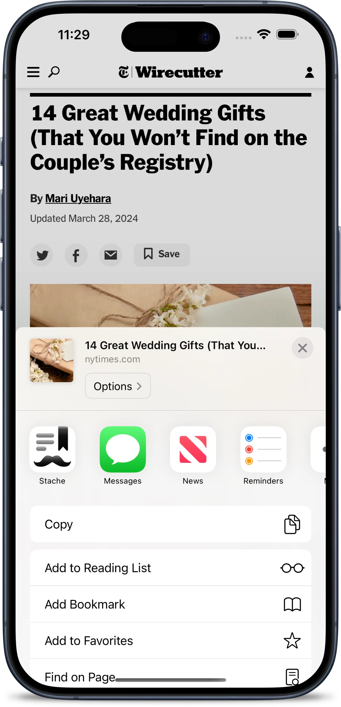 System share menu on an iPhone with the Stache icon at the beginning, demonstrating that links can be saved to Stache from the iOS system share sheet.