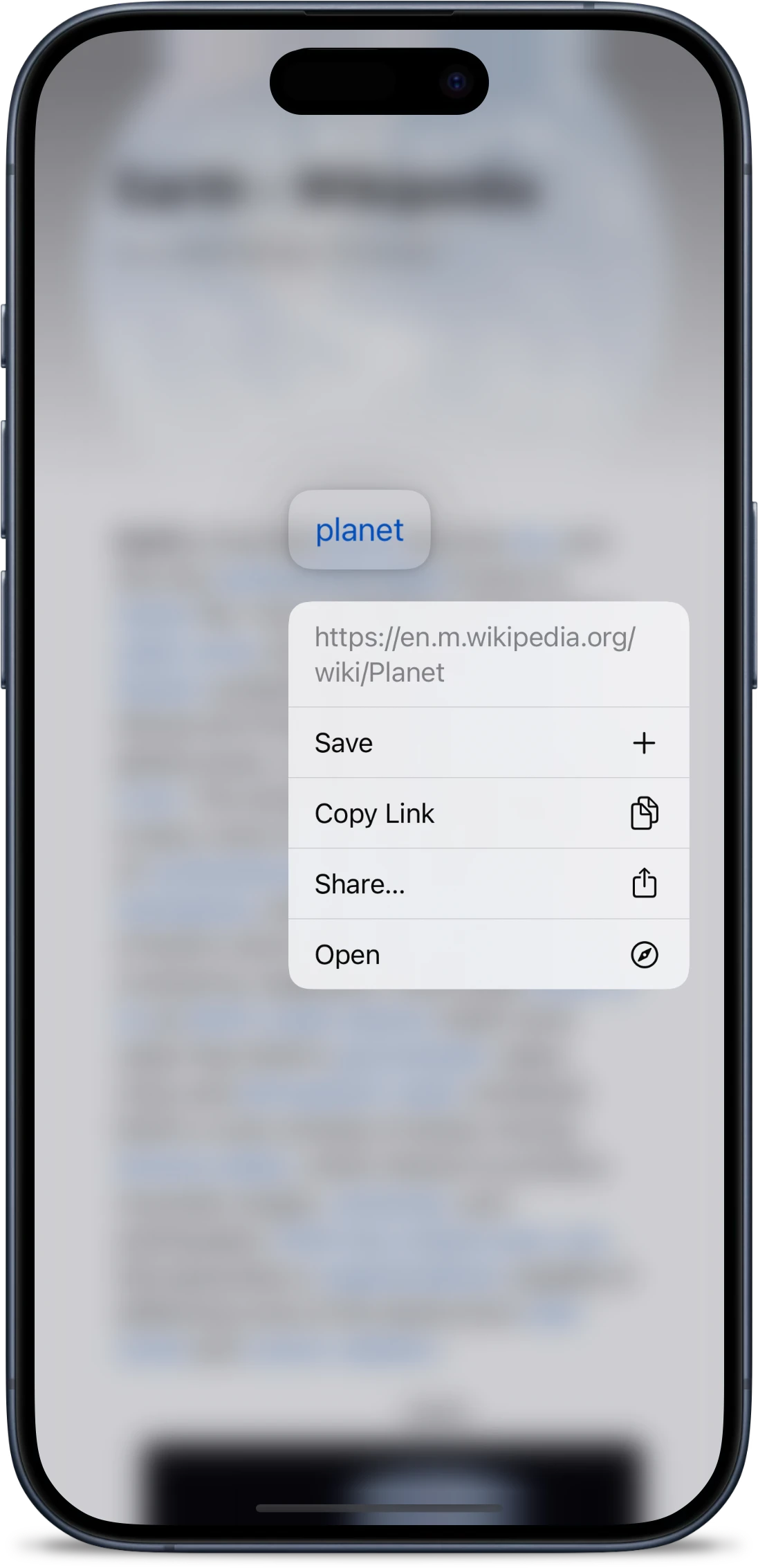 Menu that appears when long pressing on a link in the Stache Viewer on an iPhone, showing that links can be saved while reading webpages inside Stache.