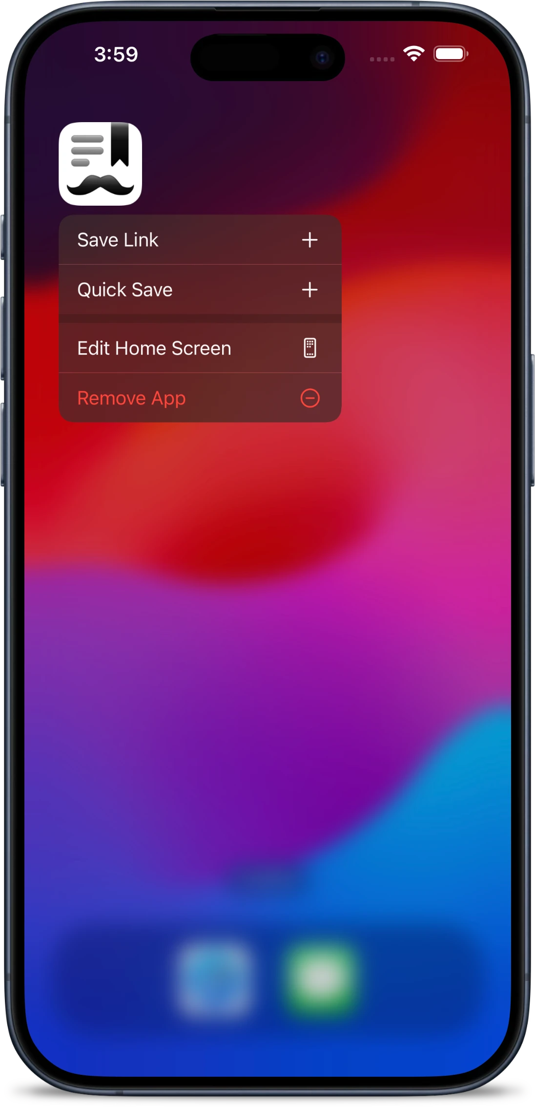 Menu that appears when long pressing the Stache icon from an iPhone homescreen, emphasizing the Save options.