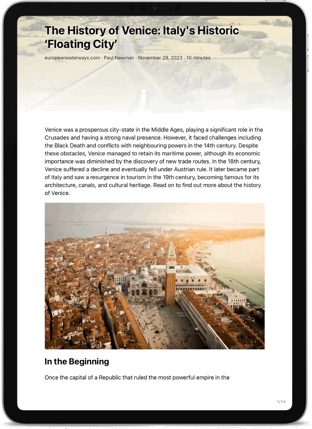 An article open in Stache’s paginated reading mode on an iPhone and iPad, showing a page-turn in progress and a circular reading-progress indicator.