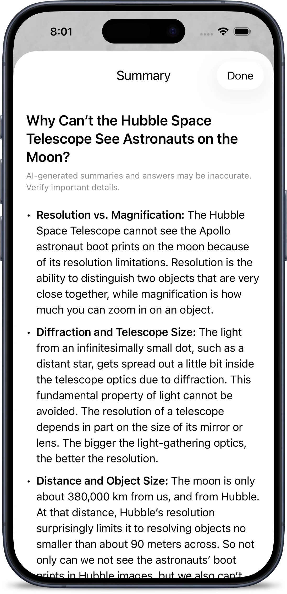 The Summary screen in Stache on an iPhone, showing a concise summary generated from a long article.