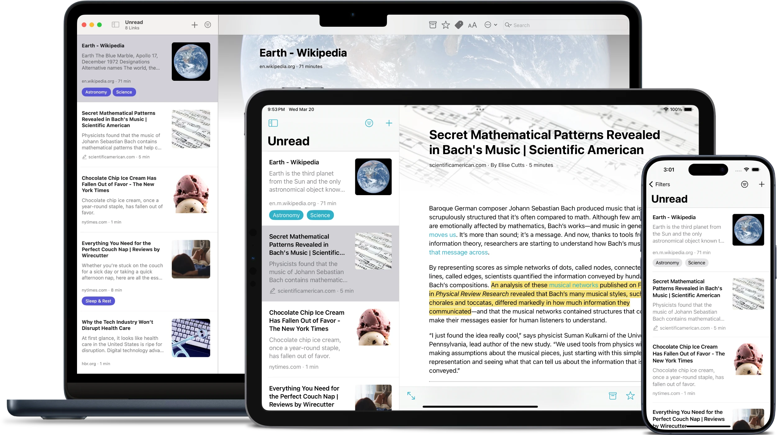 Stache app running on a MacBook Pro, iPad, and iPhone.