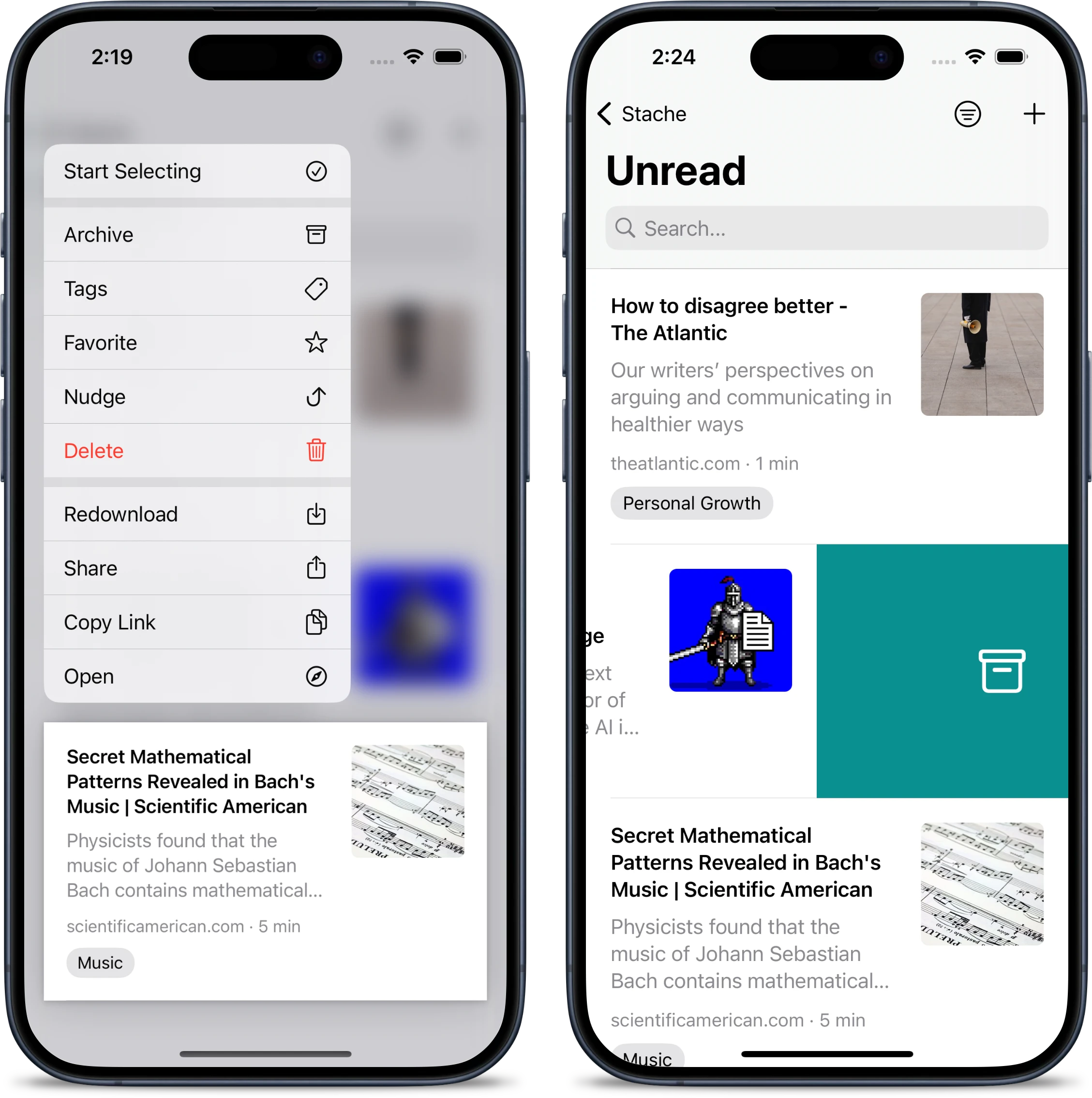 Open links actions menu from the links list on an iphone.