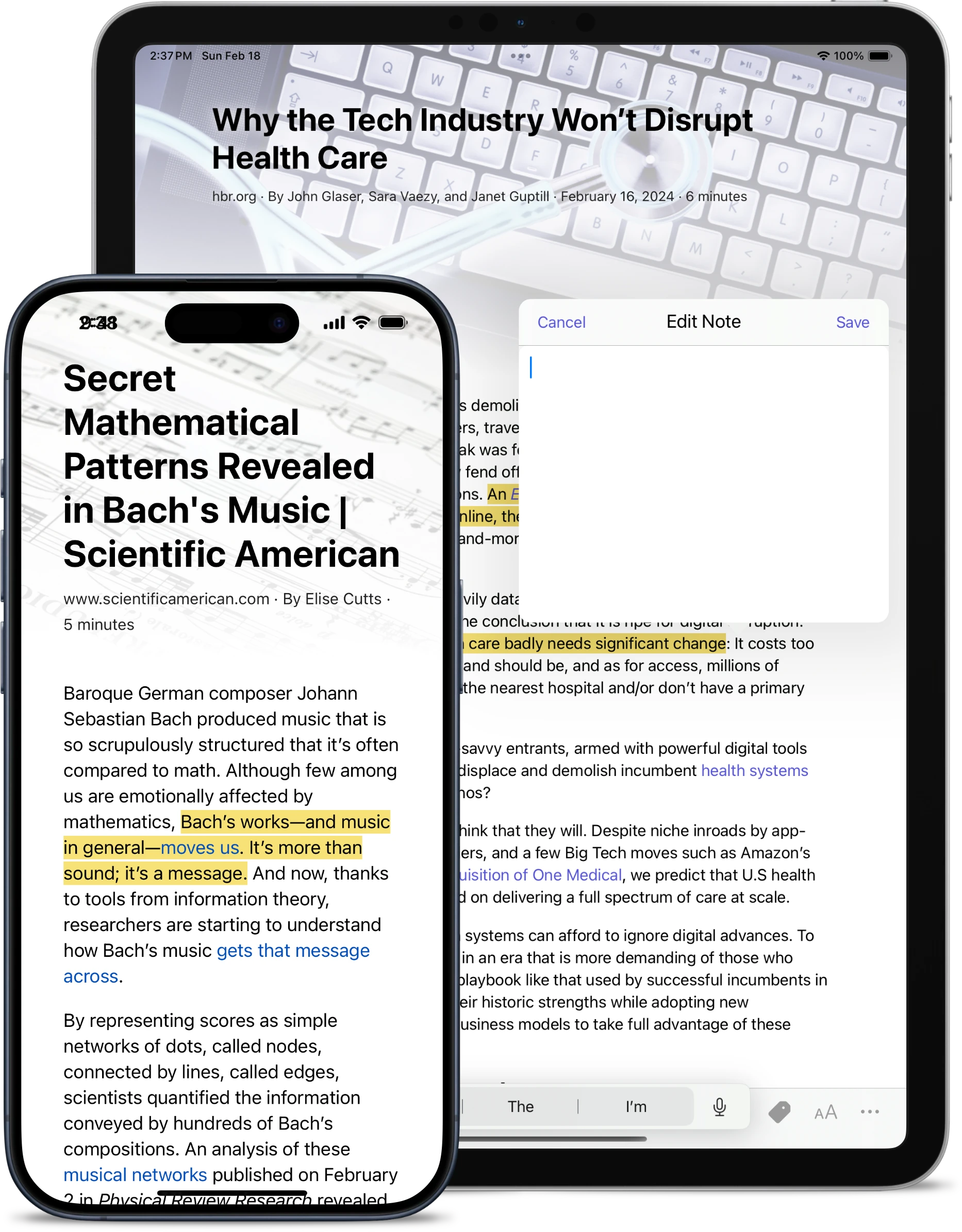 Reader view on an iPhone and iPad with several synchronized highlights and a note.