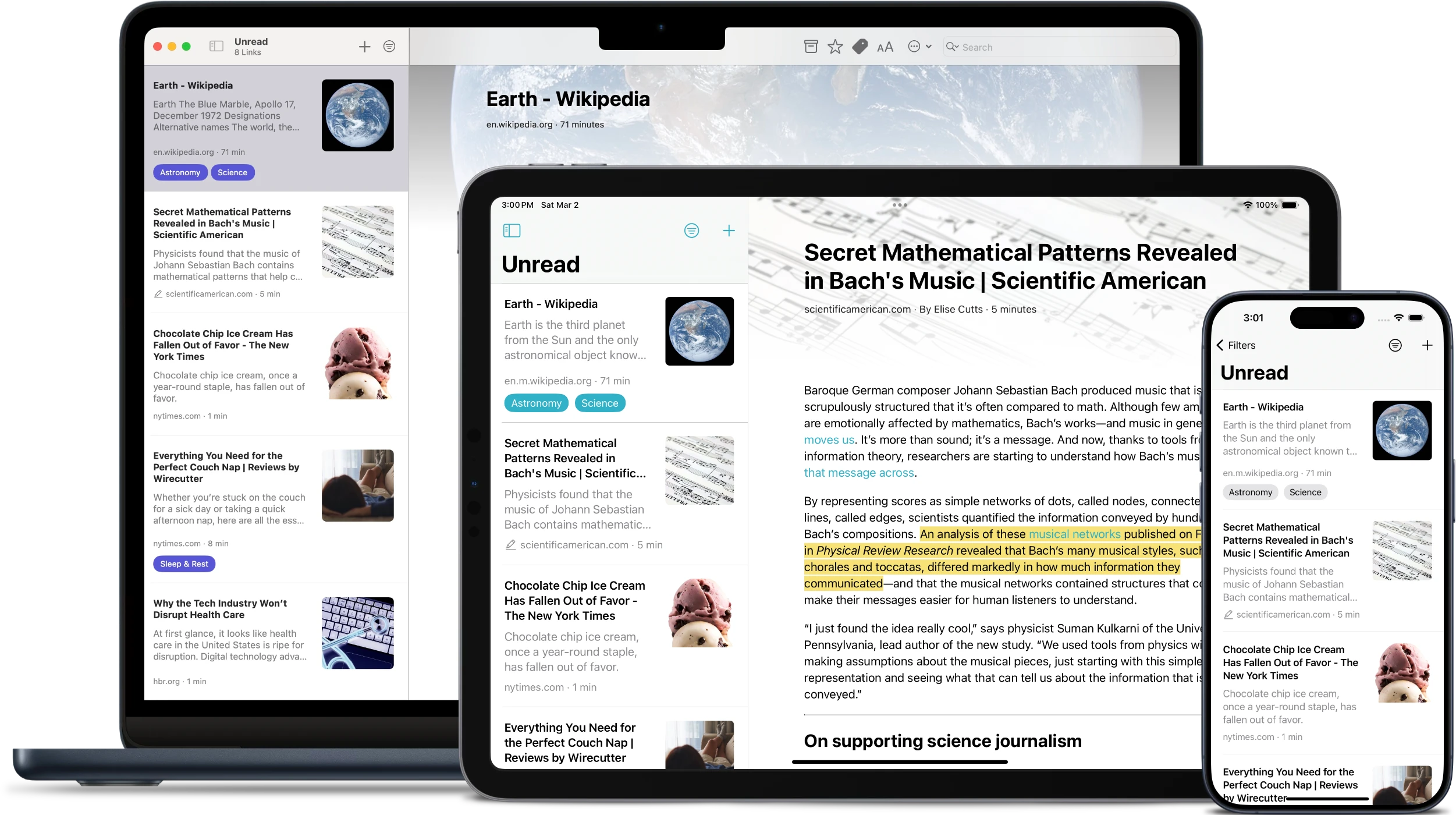 Stache running in an iPhone, iPad, and a MacBook Pro.