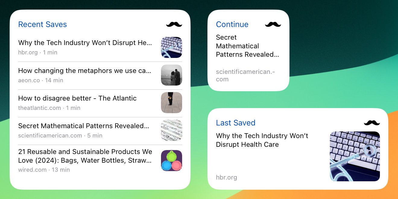Several example Stache homescreen widgets - a large "Recent Saves" widget with the list of most recently added link,; a small "Continue Reading" widget displaying the title and description of the last link being read, and a medium size "Last Saved" widget showing the title and description of the last link saved.